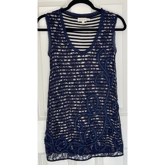 Anthropologie Meadow Rue Lace Overlay Tank Top Blue Cream Stripe Size XS - Picture 6 of 6